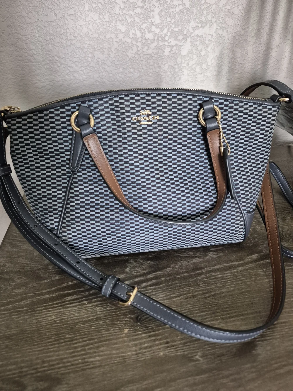 Coach Blue Checker Satchel with Brown Top Handles